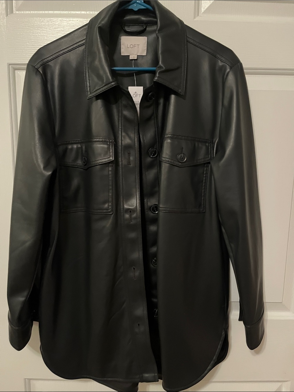 NWT LOFT Black Faux Leather Button-Up Shirt Jacket